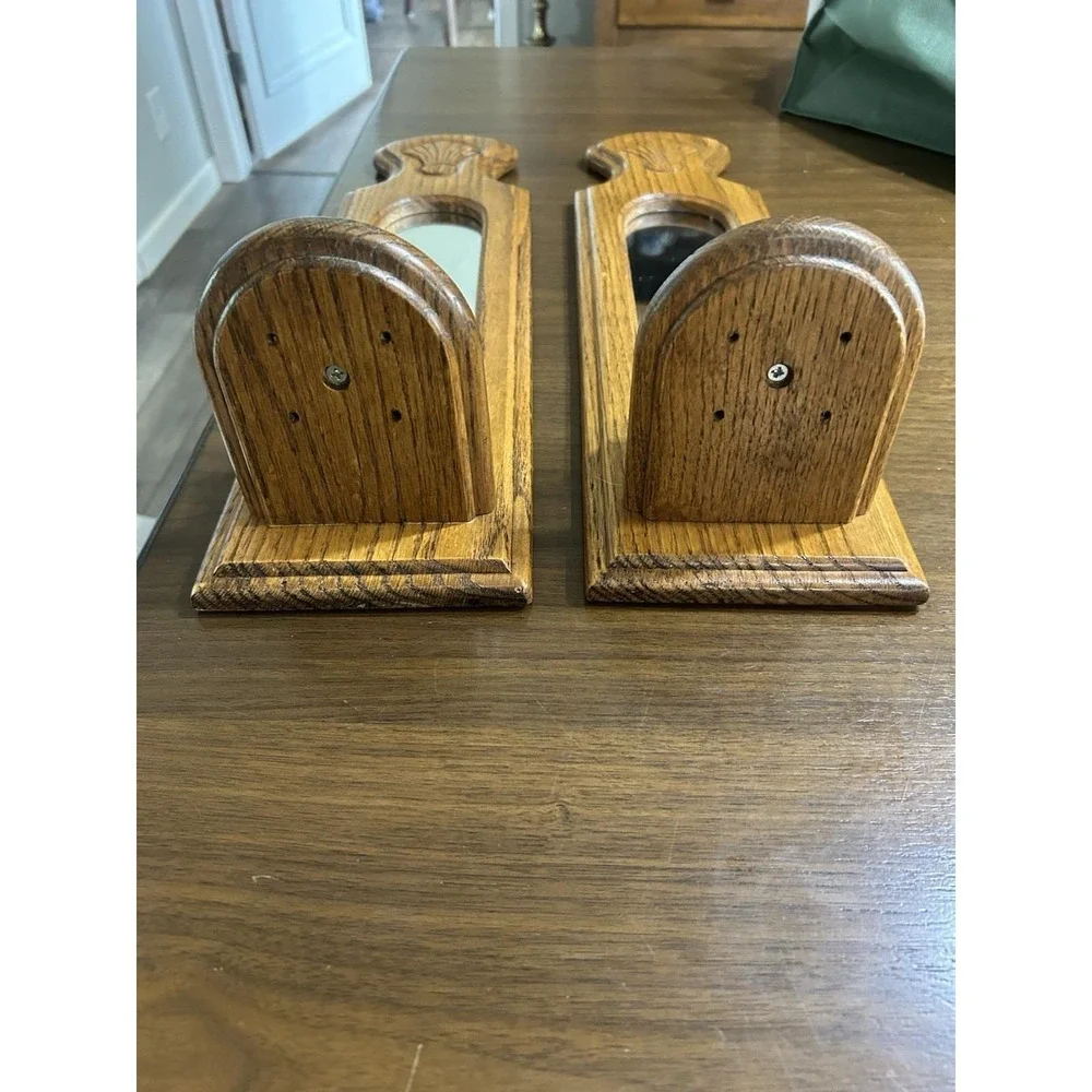 Vintage Oak Wood Mirrored Wall Sconces - Pair